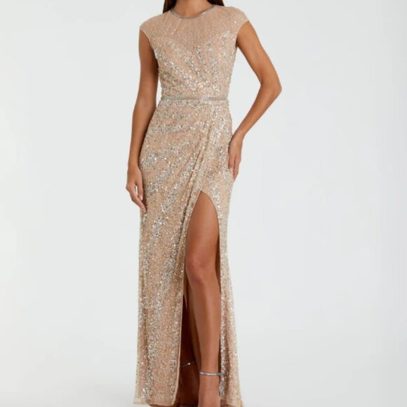 MAC DUGGAL 5619 EMBELLISHED ILLUSIONS HIGH NECK CAP SLEEVE NUDE GOWN sz 8 - Picture 4 of 7